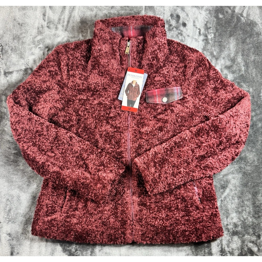 Pendleton Jacket Women Medium Sherpa Fleece Burgundy Plaid Full Zip Cozycore NWT